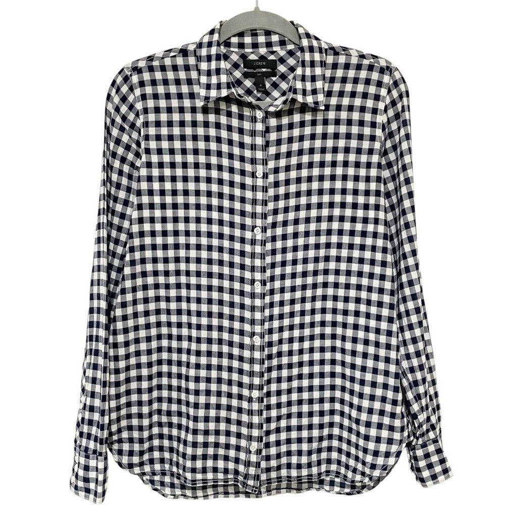 J.Crew White & Navy Plaid Gingham Long Sleeve Button Down 'Boy' Shirt Preppy